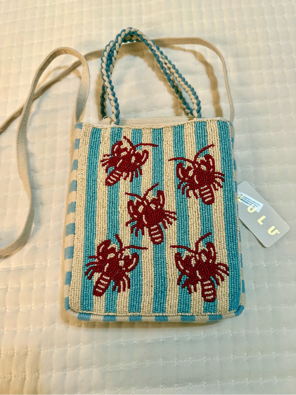 Viral LuLu Blue & Cream Striped Beaded Crossbody with Red Lobster Motifs. NWT
